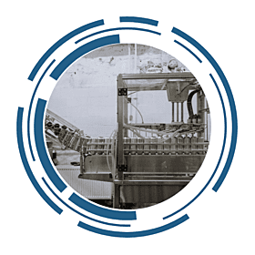 A line in a factory, manufacturing. The image is framed by a circular, futuristic design.